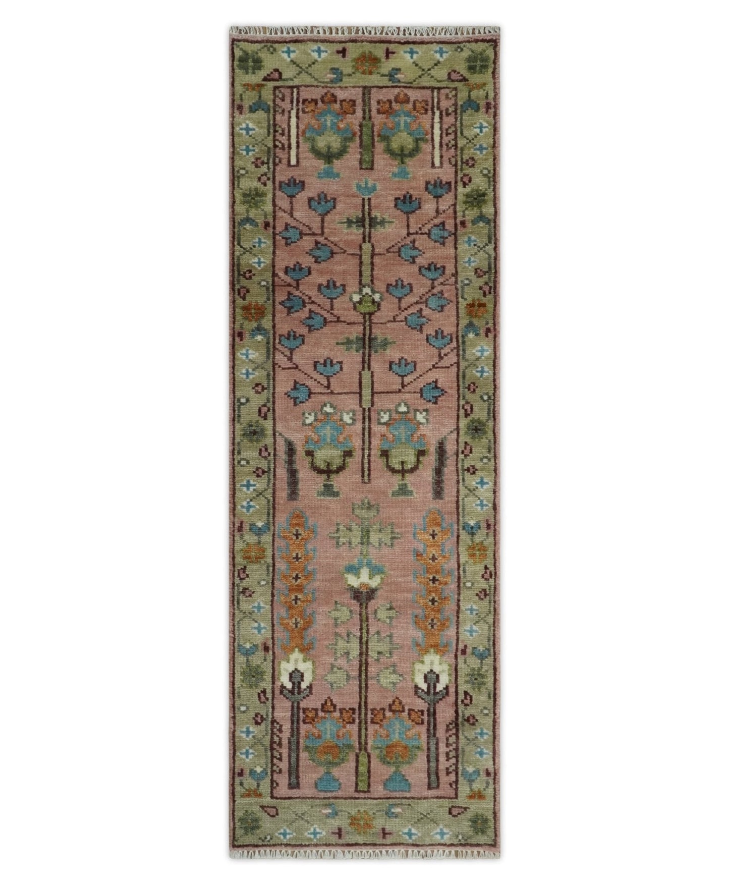Ready to Ship Pink, Olive and Beige Traditional Vintage Style Tree Wool Rug - Nuvé