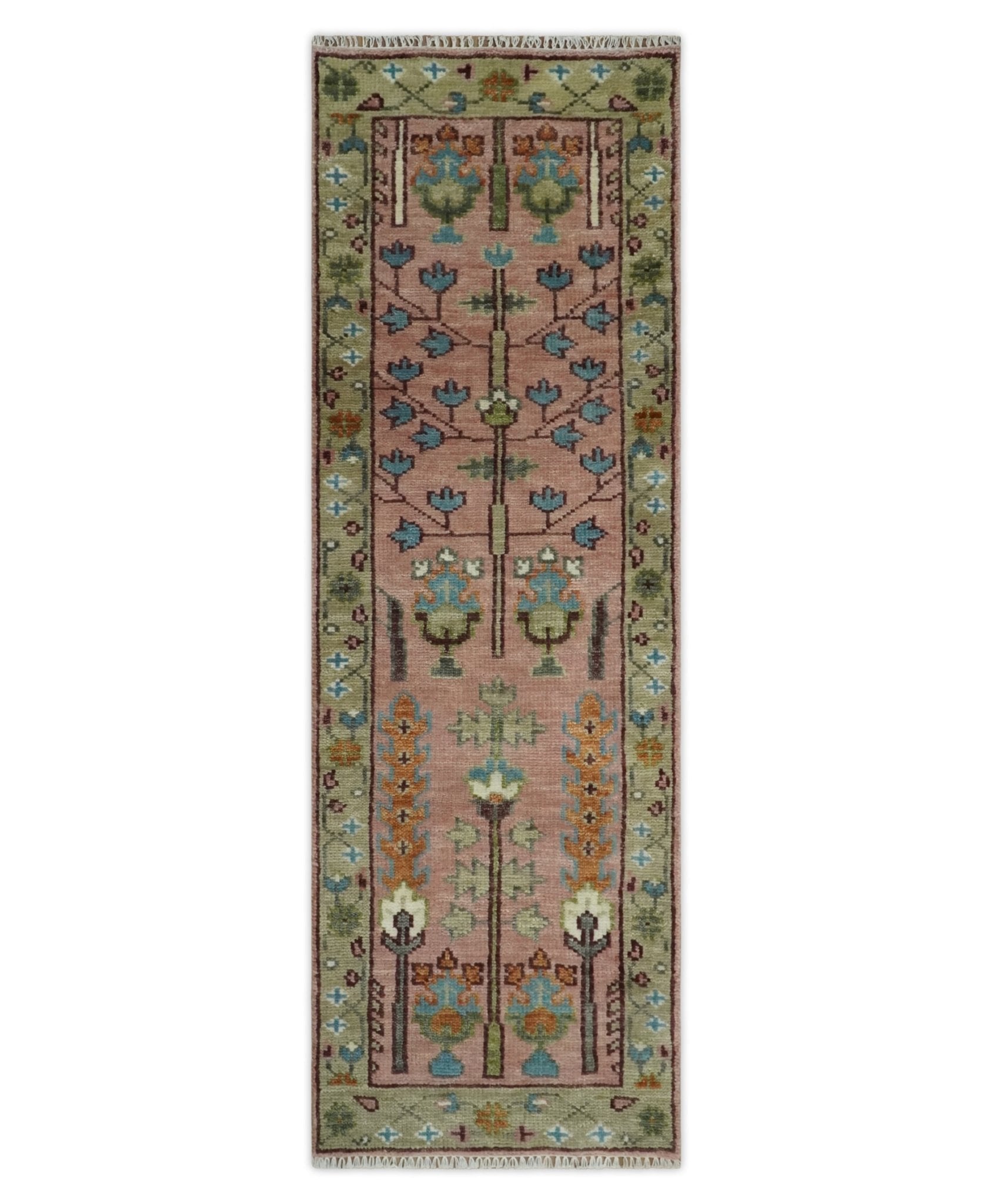 Ready to Ship Pink, Olive and Beige Traditional Vintage Style Tree Wool Rug - Nuvé