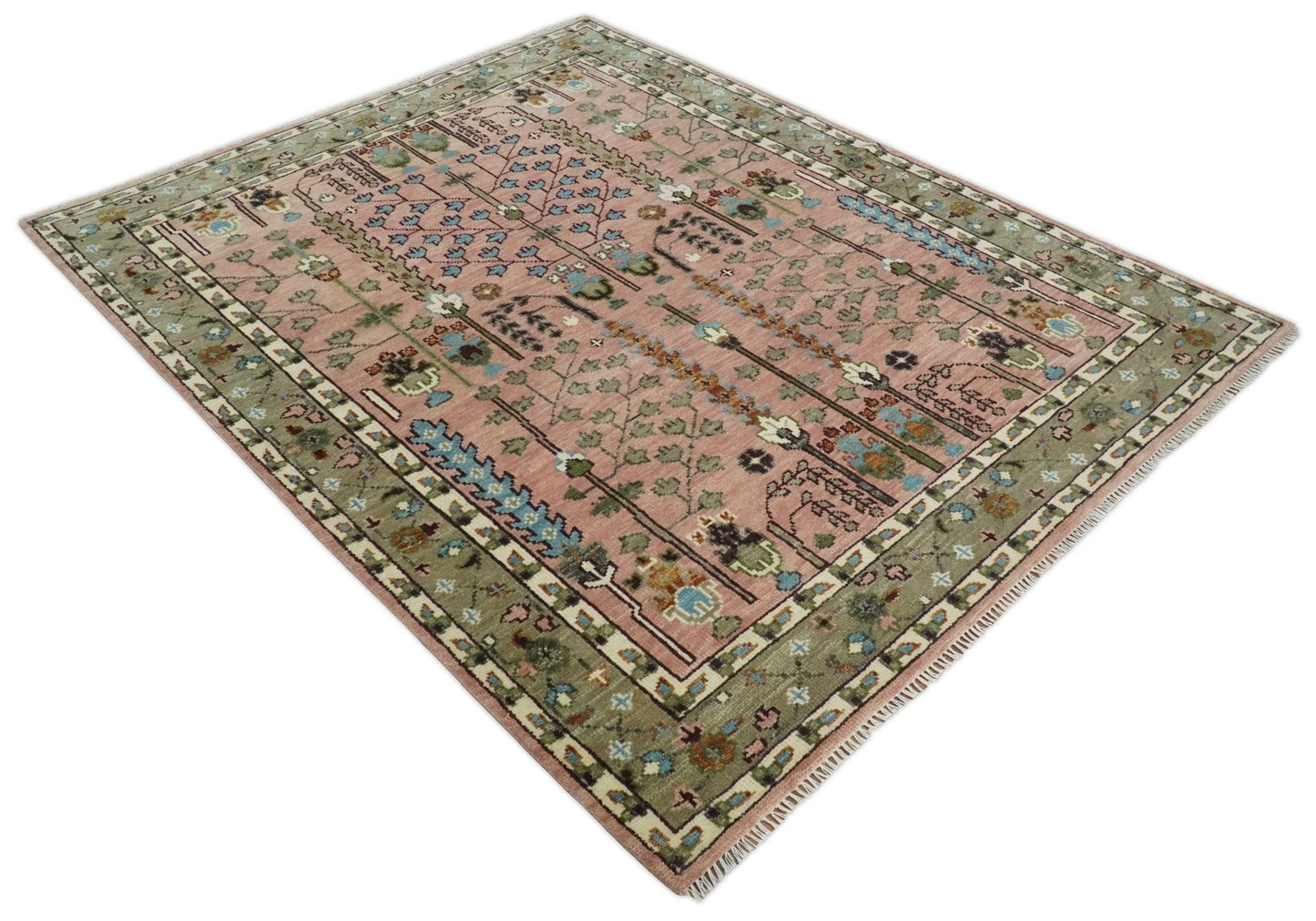 Ready to Ship Pink, Olive and Beige Traditional Vintage Style Tree Wool Rug - Nuvé