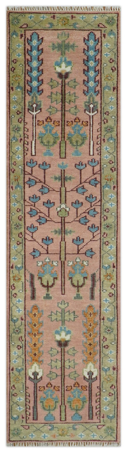 Ready to Ship Pink, Olive and Beige Traditional Vintage Style Tree Wool Rug - Nuvé