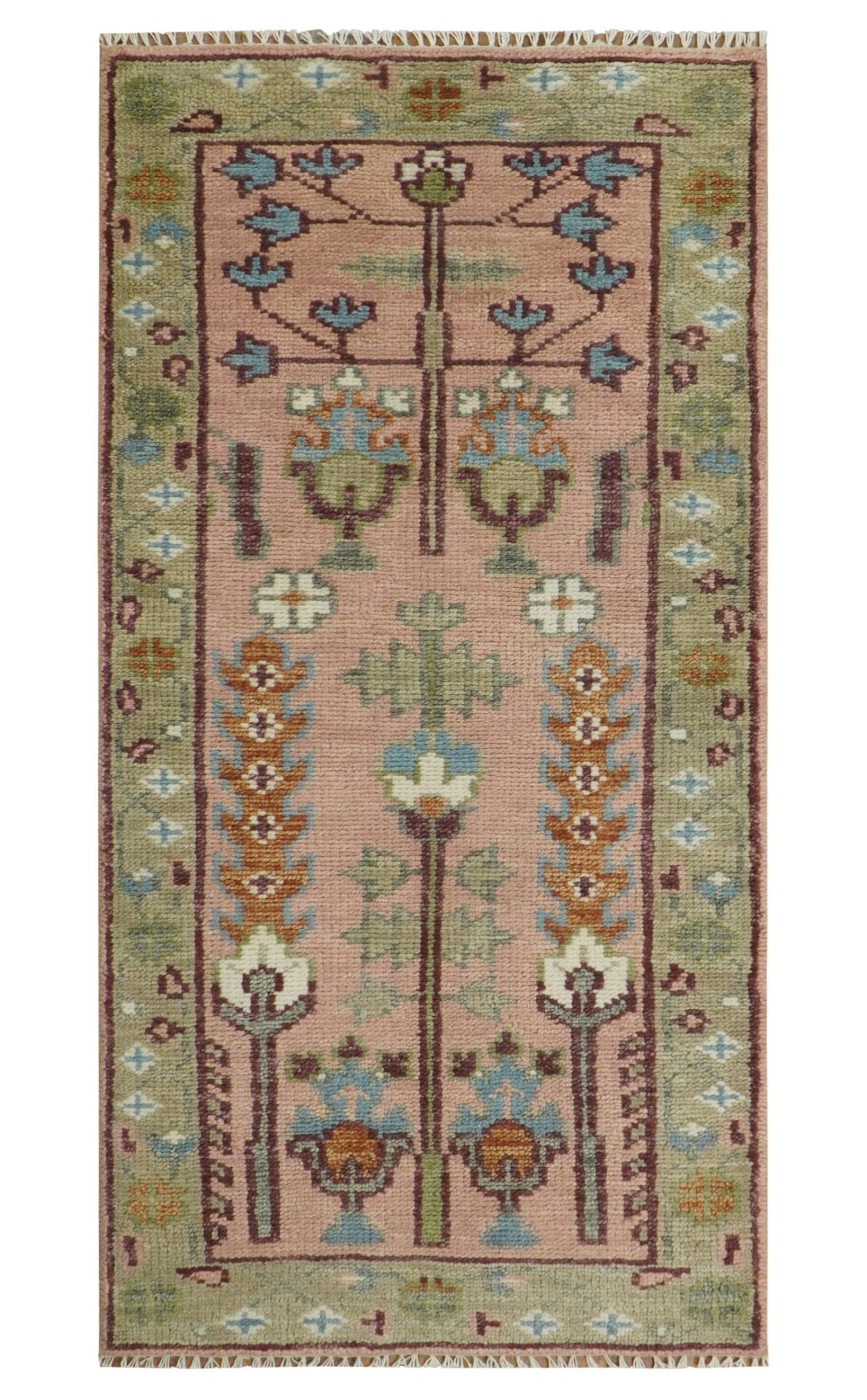 Ready to Ship Pink, Olive and Beige Traditional Vintage Style Tree Wool Rug - Nuvé