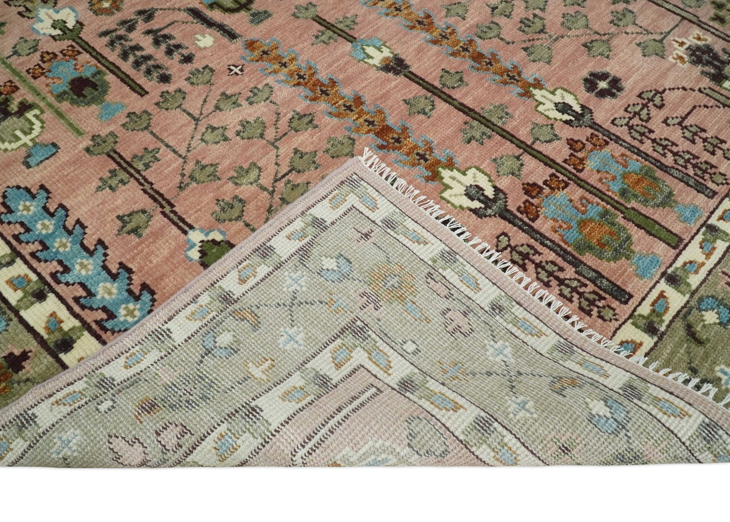 Ready to Ship Pink, Olive and Beige Traditional Vintage Style Tree Wool Rug - Nuvé