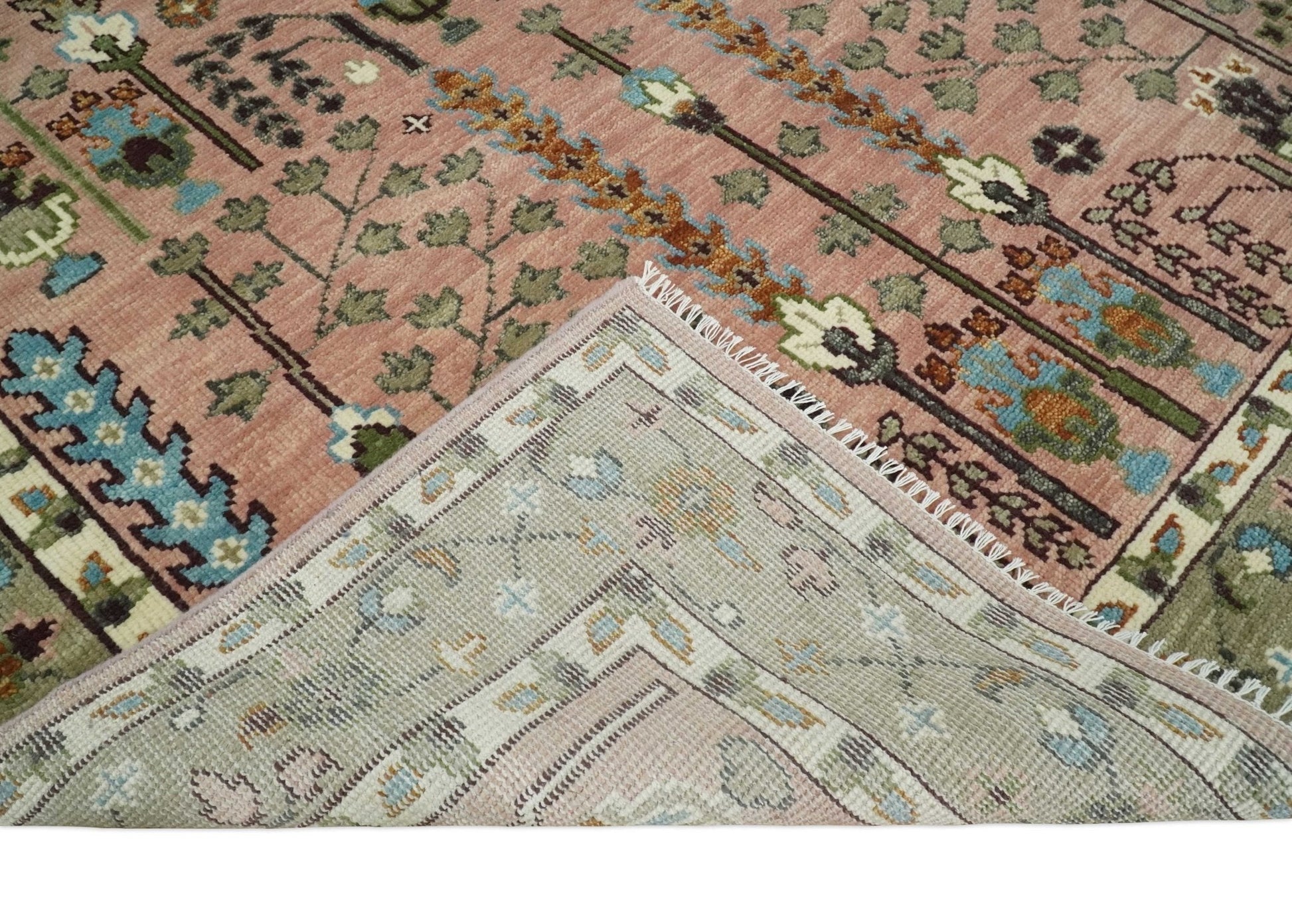 Ready to Ship Pink, Olive and Beige Traditional Vintage Style Tree Wool Rug - Nuvé