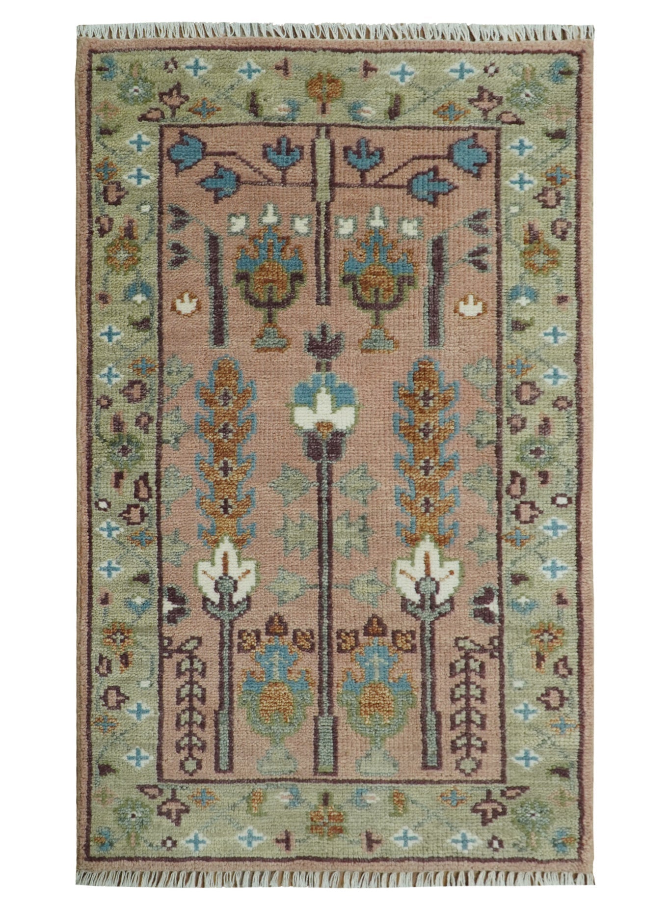 Ready to Ship Pink, Olive and Beige Traditional Vintage Style Tree Wool Rug - Nuvé
