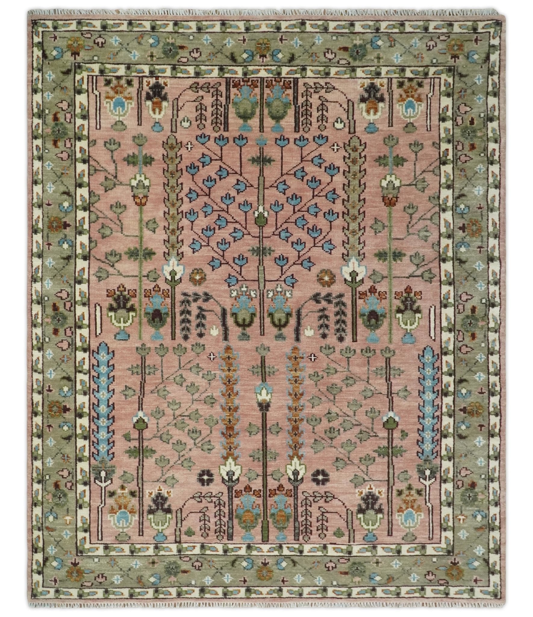 Ready to Ship Pink, Olive and Beige Traditional Vintage Style Tree Wool Rug - Nuvé