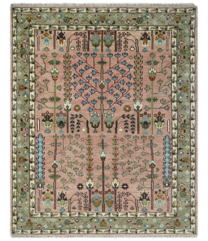 Ready to Ship Pink, Olive and Beige Traditional Vintage Style Tree Wool Rug - Nuvé