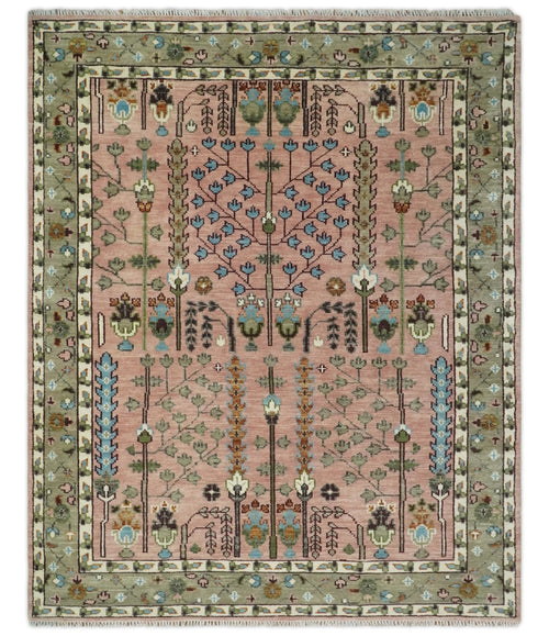 Ready to Ship Pink, Olive and Beige Traditional Vintage Style Tree Wool Rug - Nuvé
