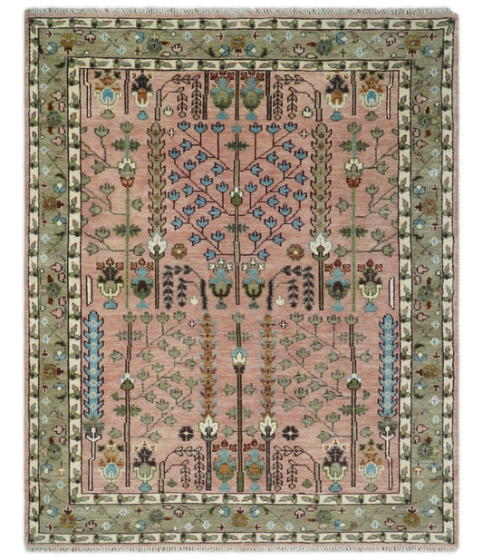 Ready to Ship Pink, Olive and Beige Traditional Vintage Style Tree Wool Rug - Nuvé
