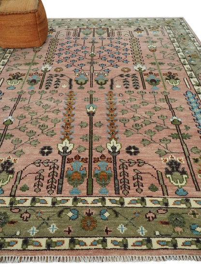 Ready to Ship Pink, Olive and Beige Traditional Vintage Style Tree Wool Rug - Nuvé