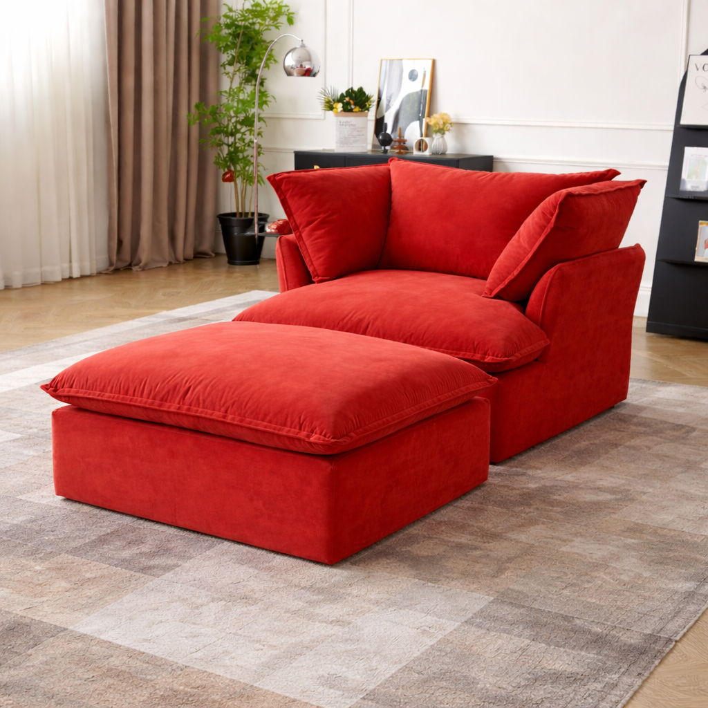 Sabi Modular Boucle Cloud Sofa - Red - Single Seater Sofa with Ottoman - Nuvé