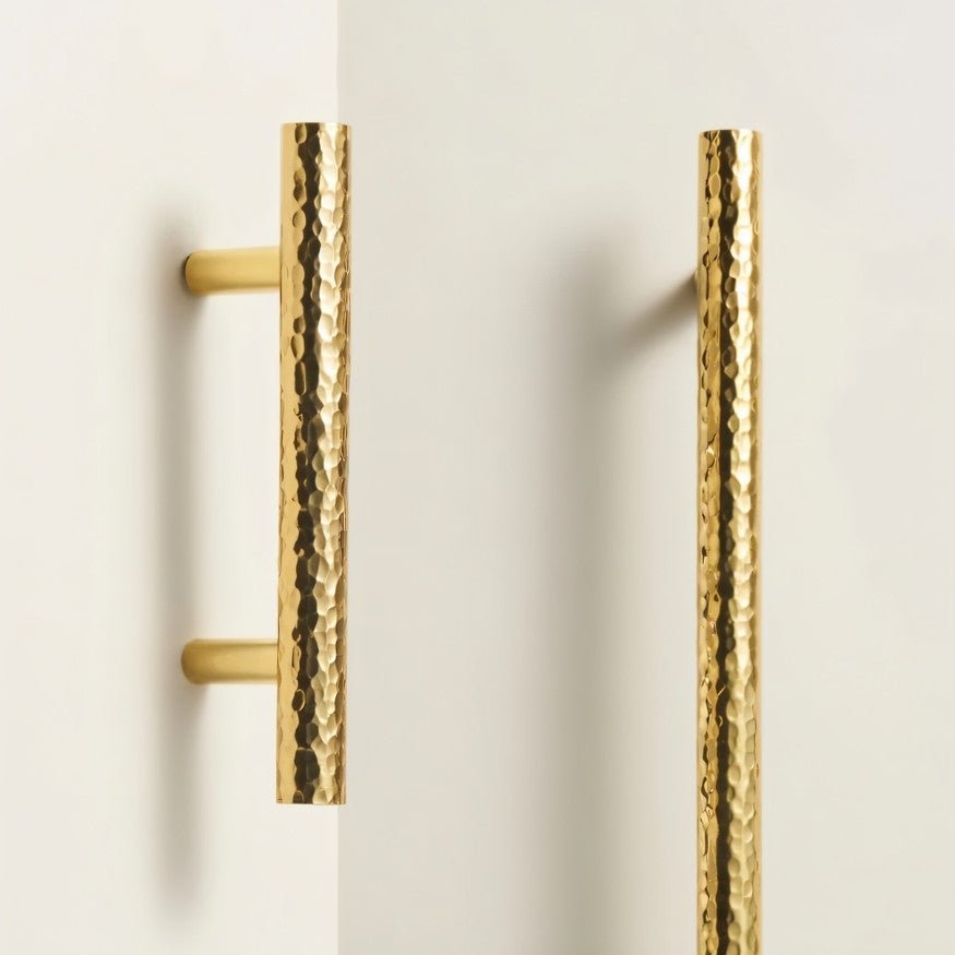 Pair of hammered brass Remy Knob and Pull Bar for cabinets, Residence Supply cabinet hardware, stylish and durable kitchen accessories.