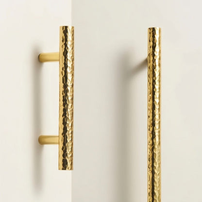 Pair of hammered brass Remy Knob and Pull Bar for cabinets, Residence Supply cabinet hardware, stylish and durable kitchen accessories.