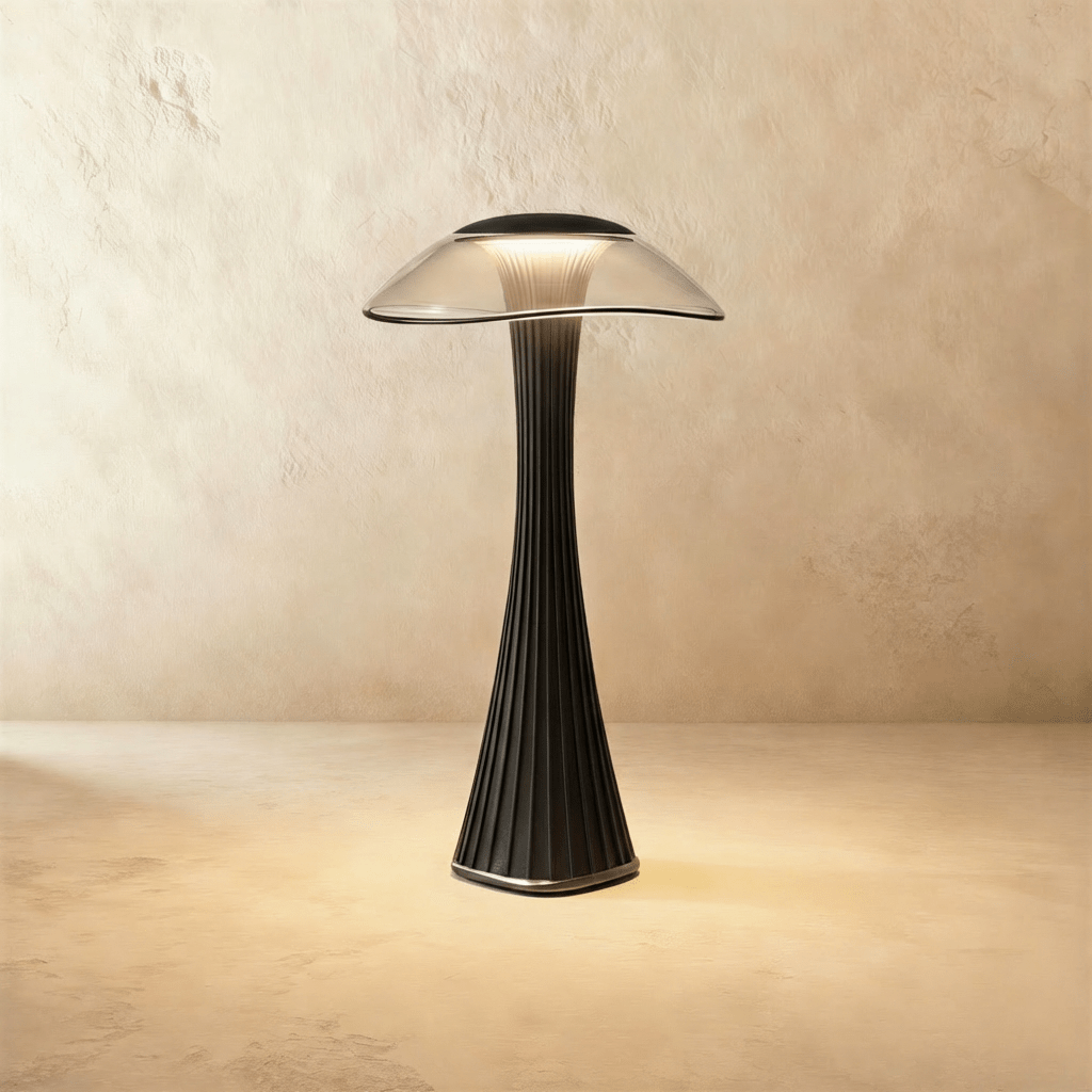Residence Supply Ripple Table Lamp with textured, wave-like ceramic base and fabric shade on a wooden side table.