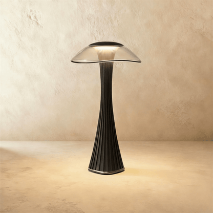 Residence Supply Ripple Table Lamp with textured, wave-like ceramic base and fabric shade on a wooden side table.