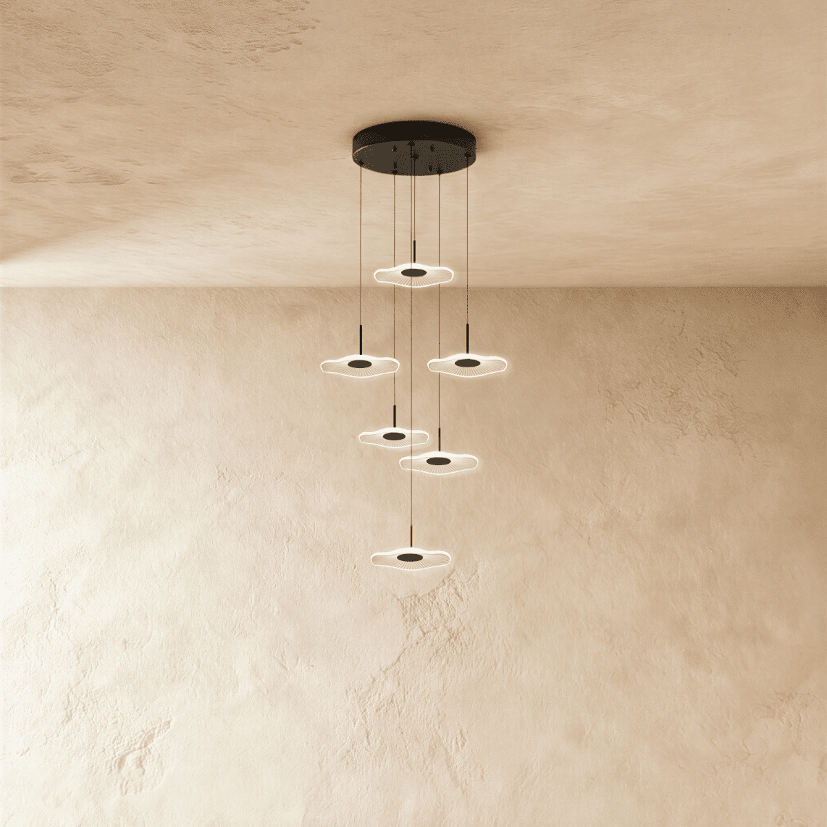 Modern Rotasu Staircase Chandelier by Residence Supply with multiple glass bulbs and sleek metal frame for elegant stairway lighting.