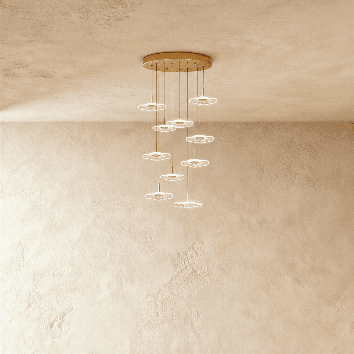 Residence Supply Rotasu Staircase Chandelier with multiple glass globes and metal frame, modern lighting fixture for staircases.