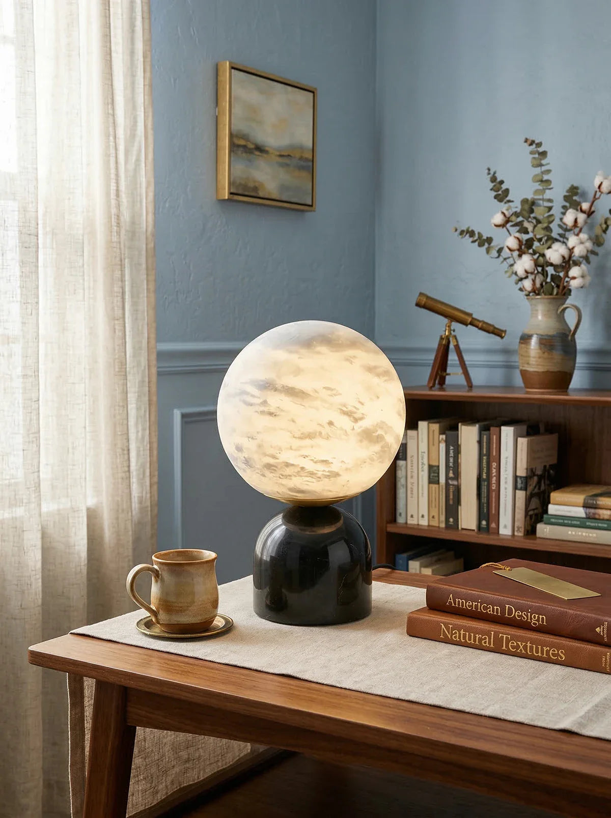 Round alabaster marble table lamp by Korewolamp with a smooth, rounded design and warm, natural stone finish.