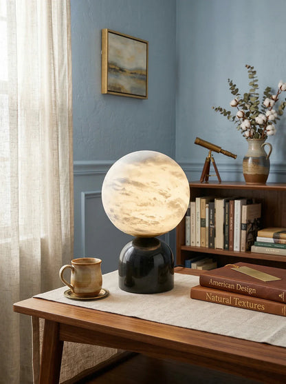 Round alabaster marble table lamp by Korewolamp with a smooth, rounded design and warm, natural stone finish.