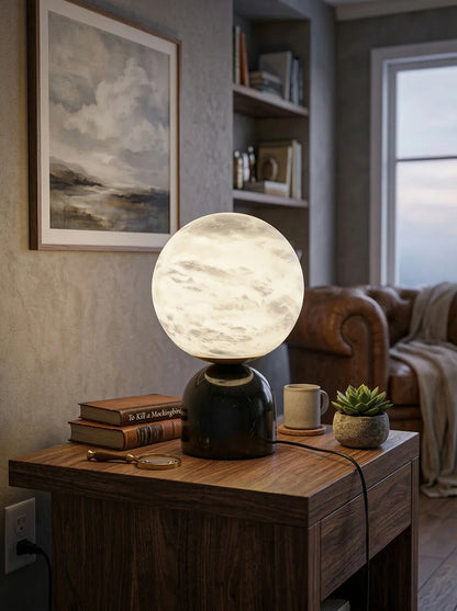 Round alabaster marble table lamp by Korewolamp featuring a smooth, spherical base and a classic design for elegant lighting.