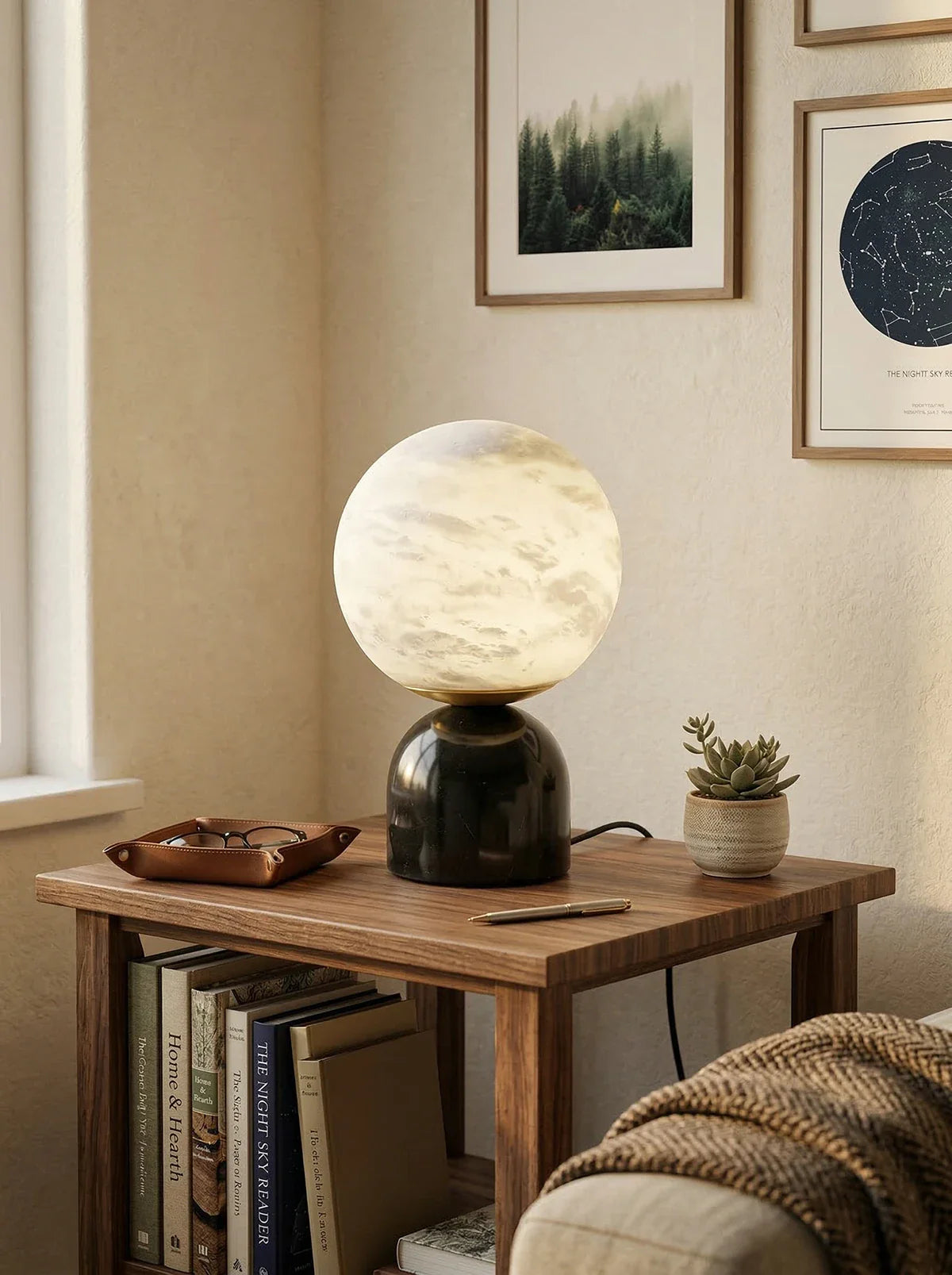 Round alabaster marble table lamp by Korewolamp with a smooth, rounded base and soft glow, ideal for modern home decor lighting.