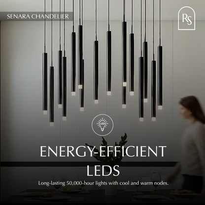 Elegant Senara Chandelier with multiple glass tiers and metal frame, hanging from a ceiling in a stylish interior setting.