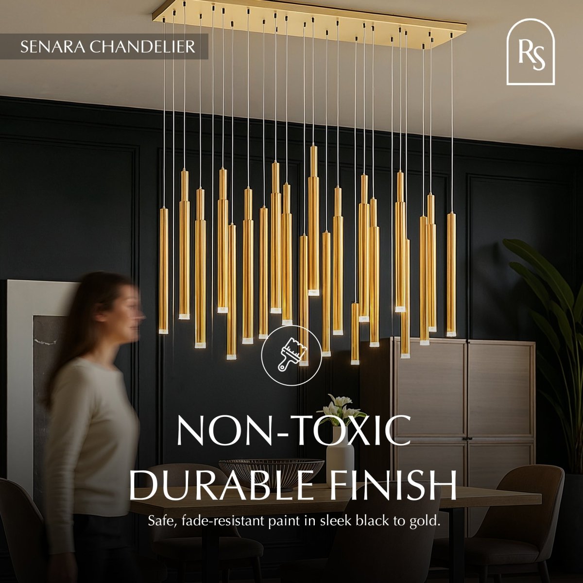 Elegant Senara Chandelier with multiple glass tiers and metal frame, designed for sophisticated interior lighting.