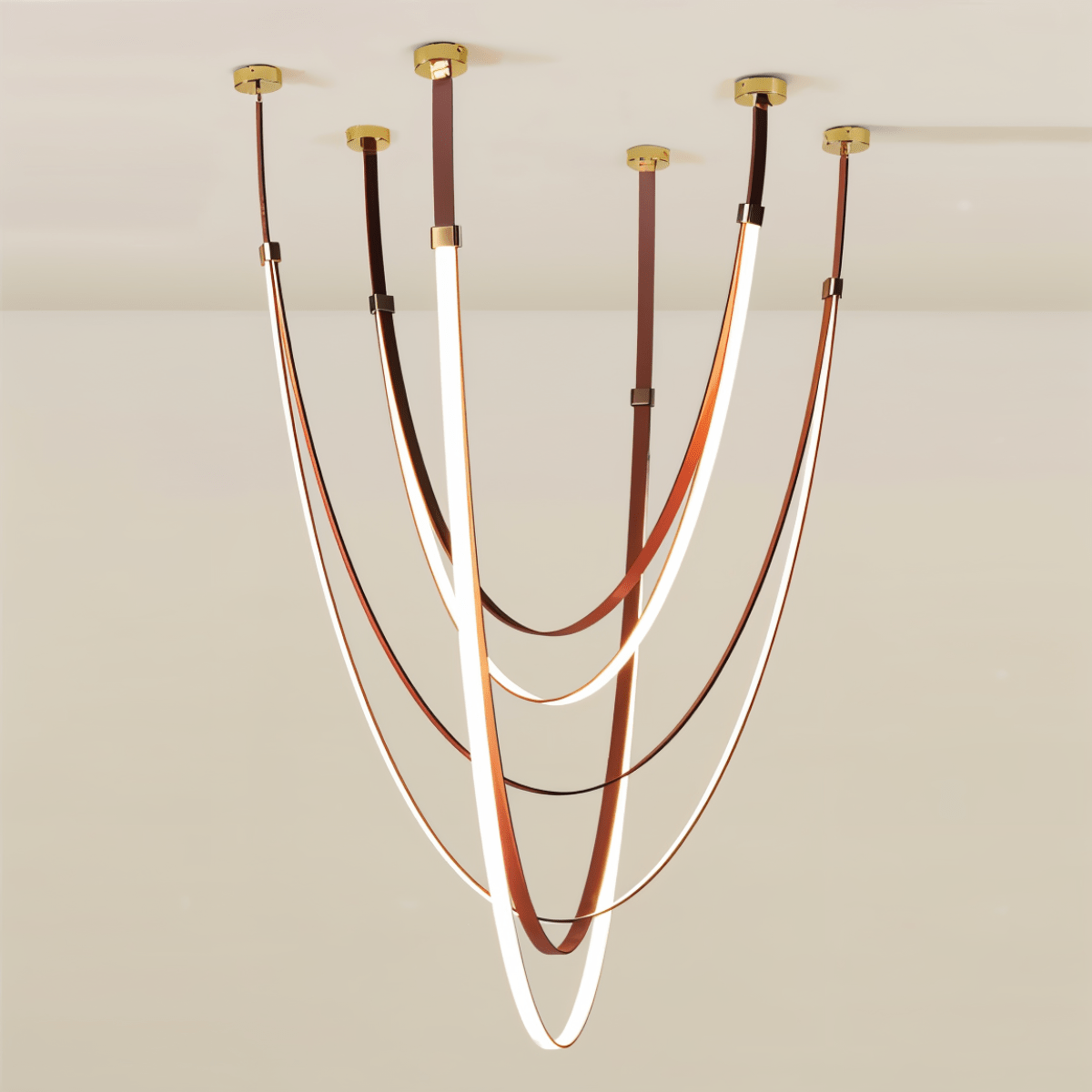 Residence Supply Shalom Leather Chandelier with woven leather details and modern design, hanging fixture for stylish interior lighting.