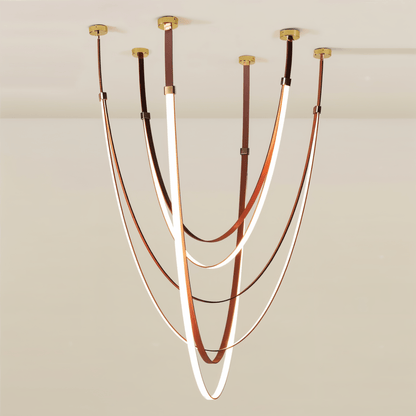 Residence Supply Shalom Leather Chandelier with woven leather details and modern design, hanging fixture for stylish interior lighting.