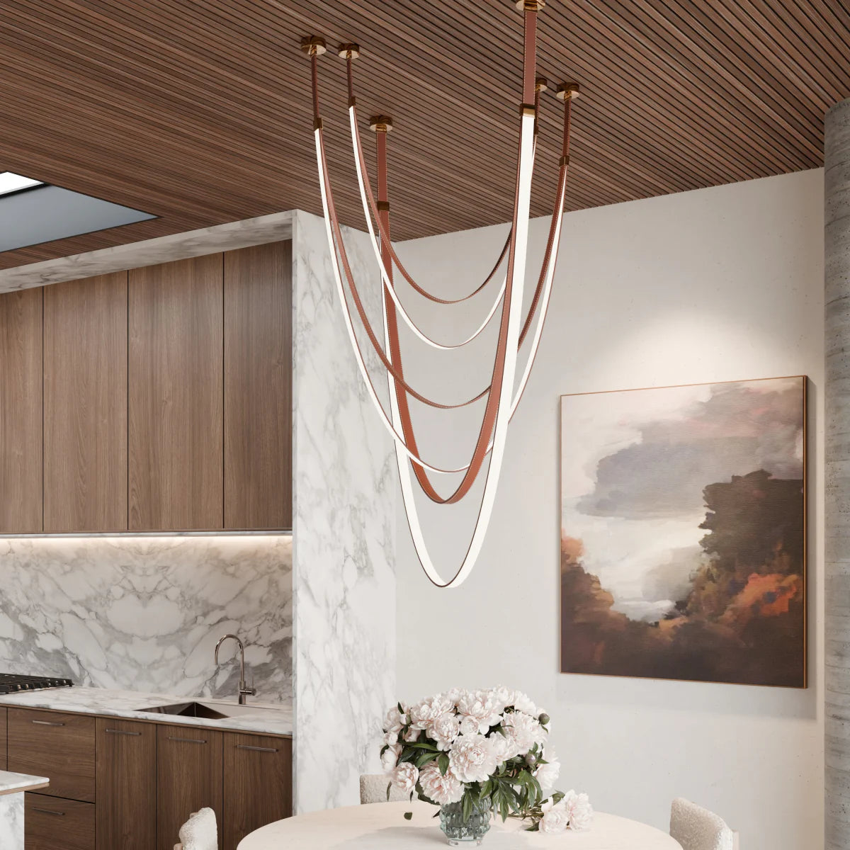 Elegant Shalom Leather Chandelier by Residence Supply with hanging leather strips and warm lighting, stylish home lighting fixture.