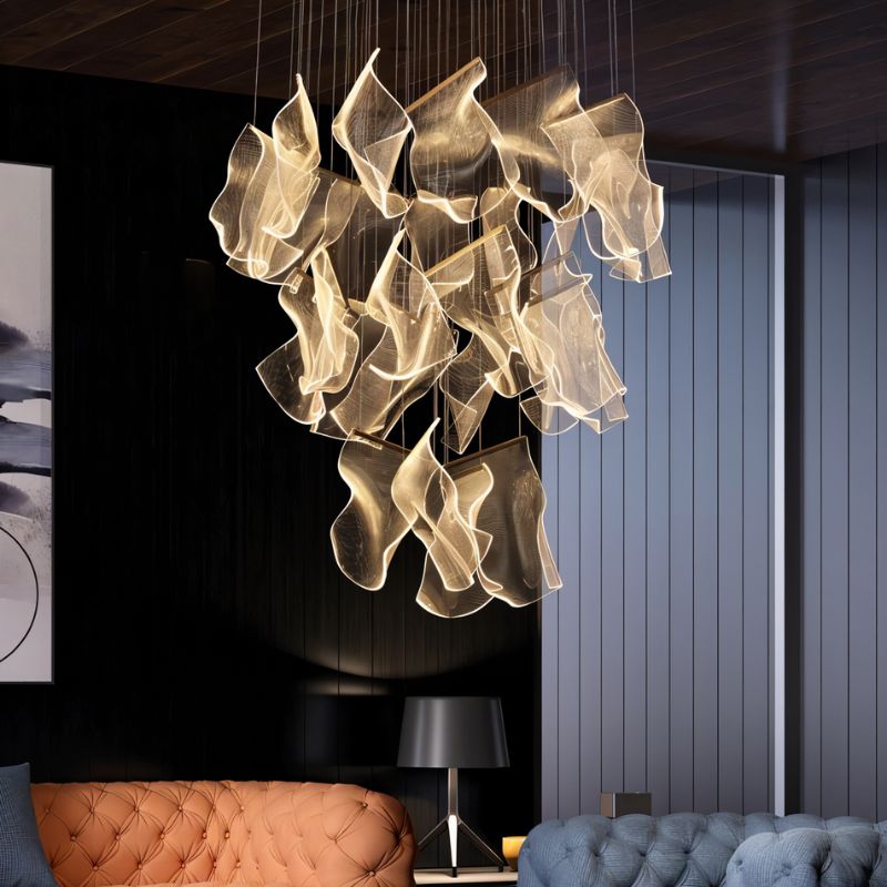 Rectangle Sheets Chandelier by Residence Supply hanging from ceiling, modern ceiling mount lighting fixture with layered sheet design.