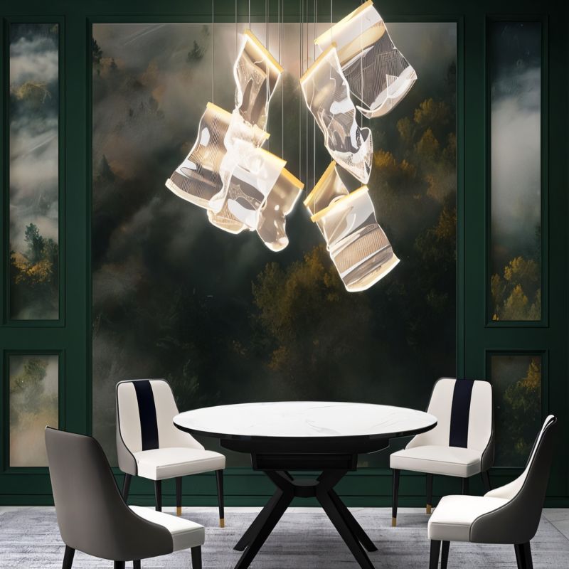 Rectangular Sheets Chandelier by Residence Supply hanging from ceiling, featuring sleek modern design with layered glass sheets.