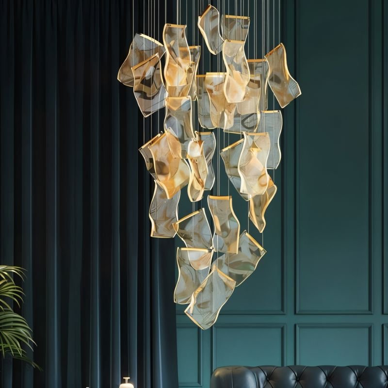 Rectangle Sheets Chandelier by Residence Supply, ceiling mount with layered sheet design, modern lighting fixture for contemporary interiors.