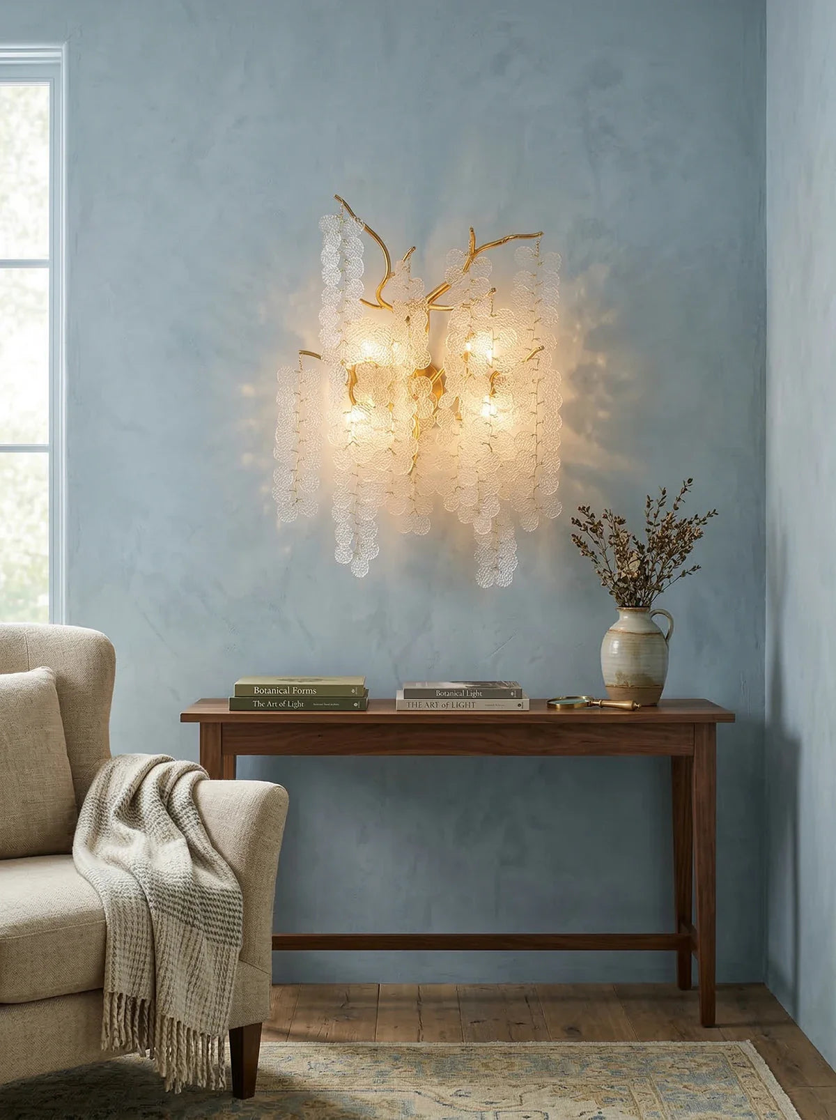 Shiro Noda wall lamp by korewolamp featuring a minimalist design with a curved wooden arm and a round white lampshade.