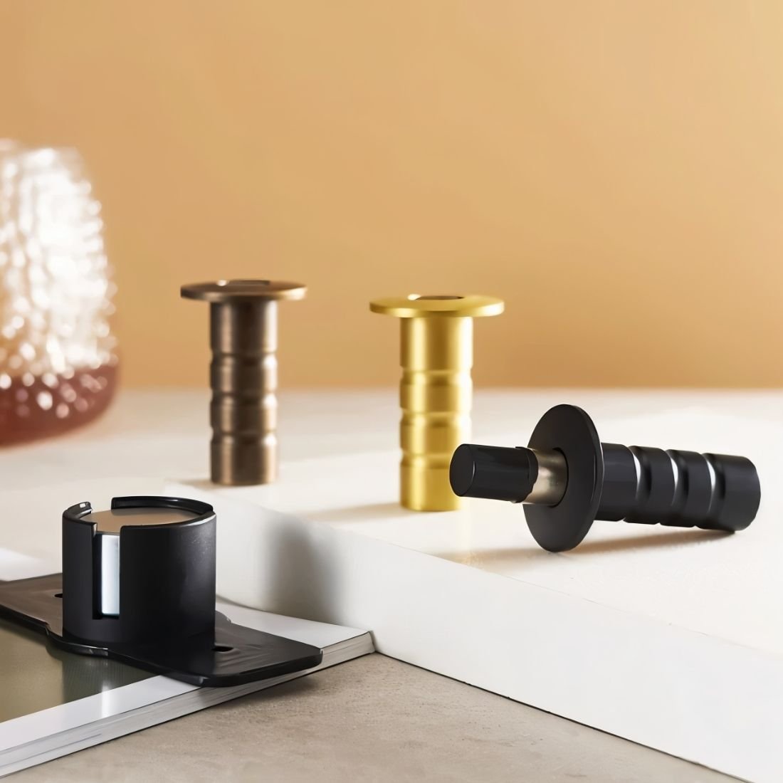 Magnetic door stop by Residence Supply, concealed design, mounted on wall to prevent door from opening too far.
