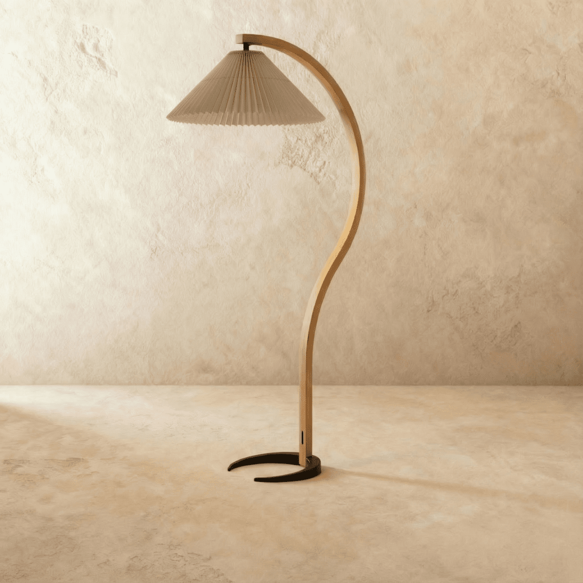 Skiastro Floor Lamp by Residence Supply featuring a sleek modern design with a tall, curved metal stand and a white fabric lampshade.