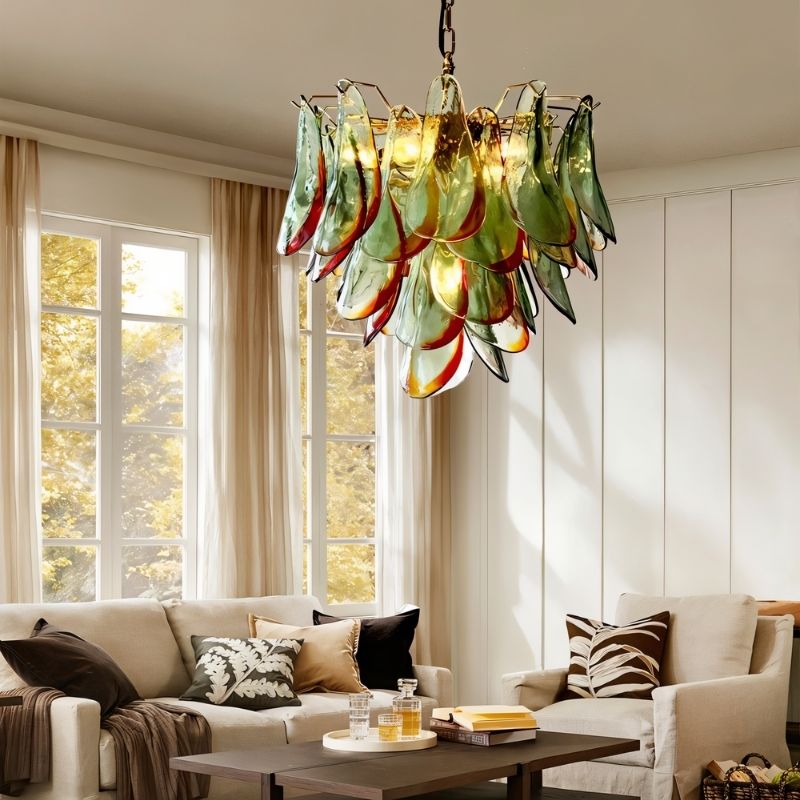 Soynix Chandelier by Residence Supply featuring Murano glass with intricate design, ideal for a stylish living room lighting fixture.