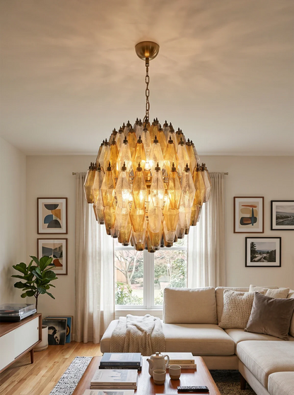 Spherical Murano Poliedri Amber Transparent Glass Chandelier