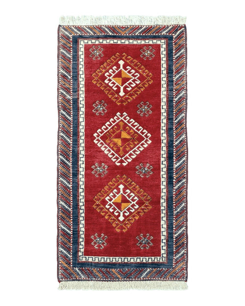 Vintage Turkish Kazak Rug 2.5 x 5 Red Wool Carpet Medallions Runner Geometric