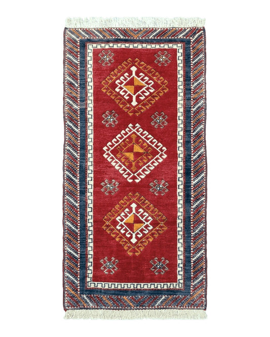 Vintage Turkish Kazak Rug 2.5 x 5 Red Wool Carpet Medallions Runner Geometric
