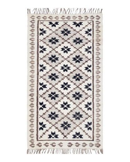 Semi Antique South American Blanket 4x8, Wool Hand-Woven Flatweave Kilim Rug, Handmade Antique Vintage Runner, Ivory & Blue, Diamond Panel