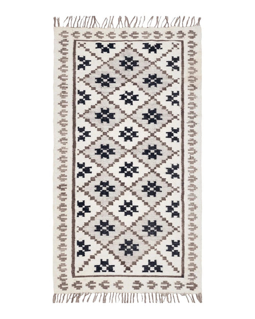 Semi Antique South American Blanket 4x8, Wool Hand-Woven Flatweave Kilim Rug, Handmade Antique Vintage Runner, Ivory & Blue, Diamond Panel