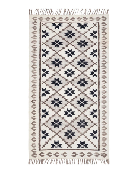Semi Antique South American Blanket 4x8, Wool Hand-Woven Flatweave Kilim Rug, Handmade Antique Vintage Runner, Ivory & Blue, Diamond Panel