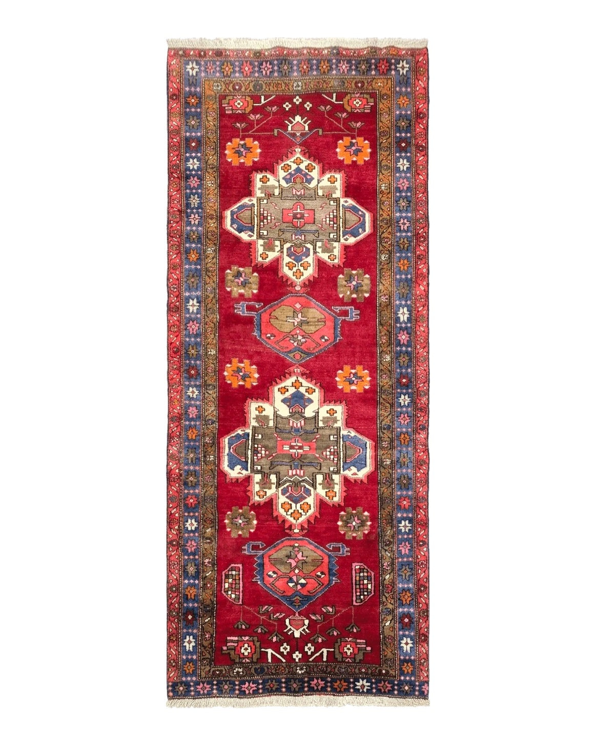 Antique Persian Karajeh Runner Rug 4.4 x 11 ft, Red Colorful Geometric Medallion Runner