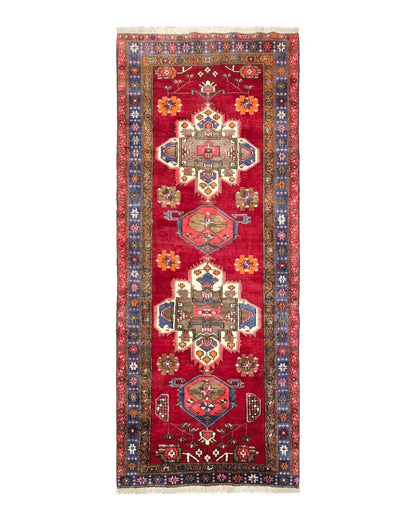 Antique Persian Karajeh Runner Rug 4.4 x 11 ft, Red Colorful Geometric Medallion Runner