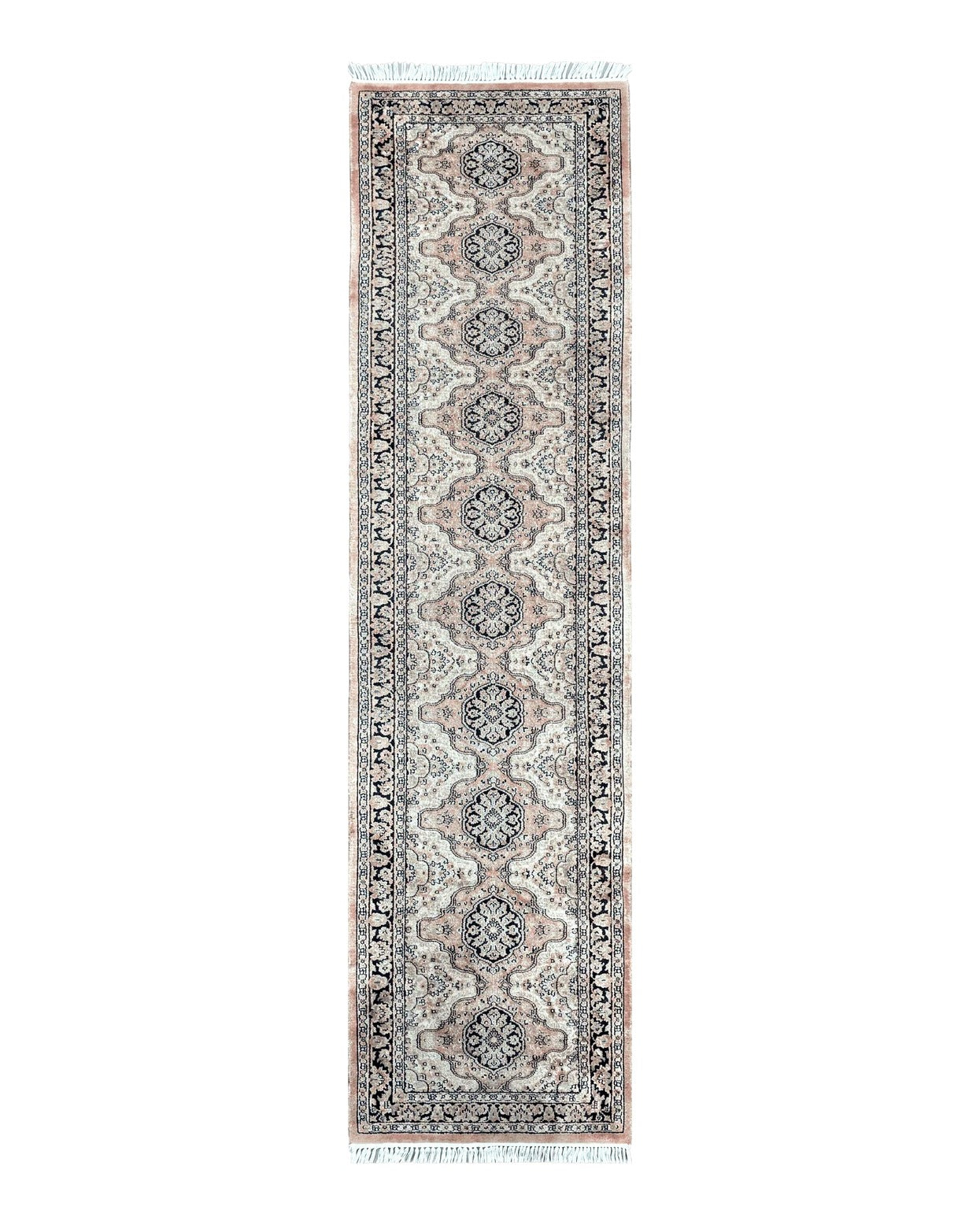Silk Kashmiri Runner 2.7 x 10 ft Vintage Rug, Ivory Pastel Pink, Hand-Knotted Vintage Runner, Hallway Carpet, Indian Rug Medallion Runner