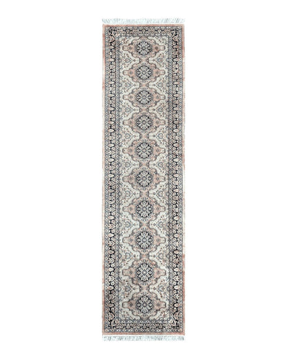 Silk Kashmiri Runner 2.7 x 10 ft Vintage Rug, Ivory Pastel Pink, Hand-Knotted Vintage Runner, Hallway Carpet, Indian Rug Medallion Runner