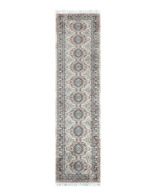 Silk Kashmiri Runner 2.7 x 10 ft Vintage Rug, Ivory Pastel Pink, Hand-Knotted Vintage Runner, Hallway Carpet, Indian Rug Medallion Runner