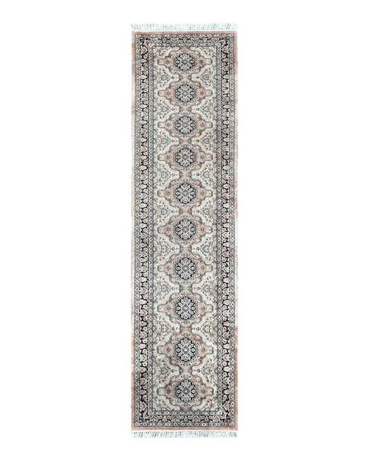 Silk Kashmiri Runner 2.7 x 10 ft Vintage Rug, Ivory Pastel Pink, Hand-Knotted Vintage Runner, Hallway Carpet, Indian Rug Medallion Runner