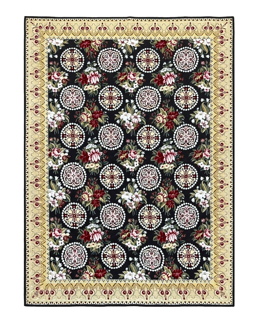 9x12 Black Needlepoint Rug, European Floral Panel Design, Handwoven, Vintage Chinese Needlepoint, Black Green Beige, Wool Rug 9 x 12