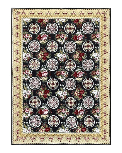 9x12 Black Needlepoint Rug, European Floral Panel Design, Handwoven, Vintage Chinese Needlepoint, Black Green Beige, Wool Rug 9 x 12